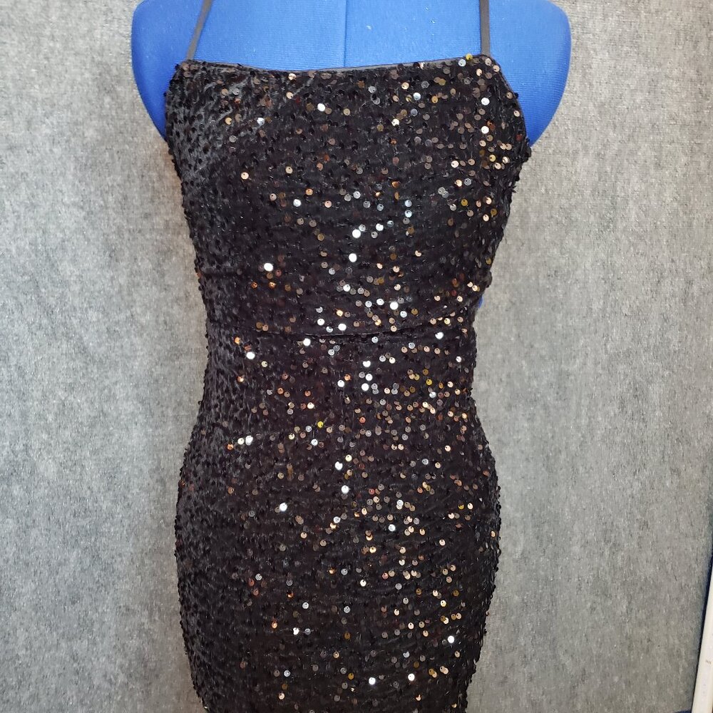 Sequin little black dress back ties zip back NEW Size XS